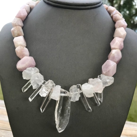 Conceptual Subculture Jewelry - Goddess Necklace Genuine Quartz Crystal Pink Kunzite Solid Sterling Silver 925